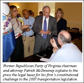 Former Republican Party of Virginia chairman and attorney Patrick McSweeney explains to the press the legal bases for his firm's constitutional challenge to the 2007 transportation legislation.
